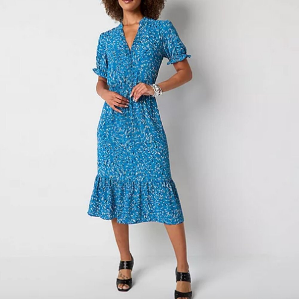 Brannan Womens Short Sleeve Confetti Midi Fit + Flare Dress, Blue Sz M